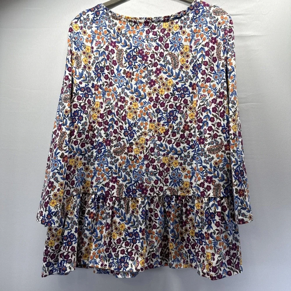 Talbots Womens Top Sz XL Colorful 100% Cotton Layered Ruffle 3/4 Sleeve Pullover